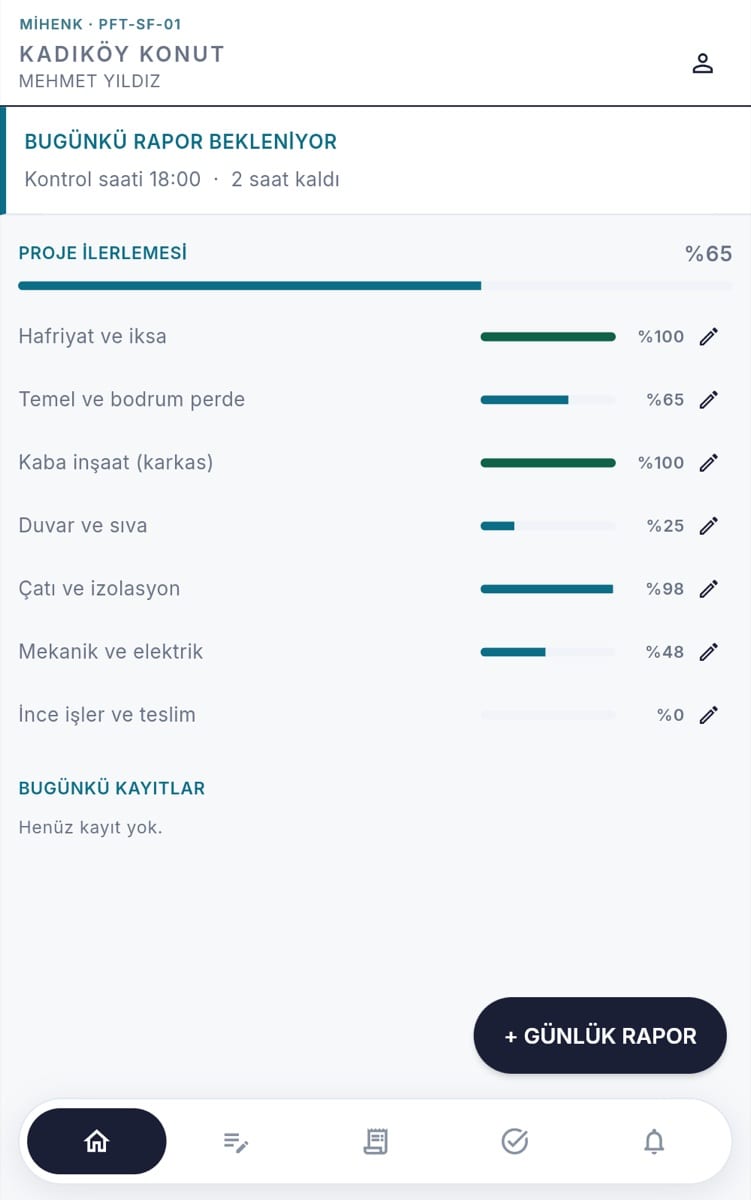 Mihenk şantiye şefi mobil ekranı — günlük rapor ve iş kalemi ilerlemeleri